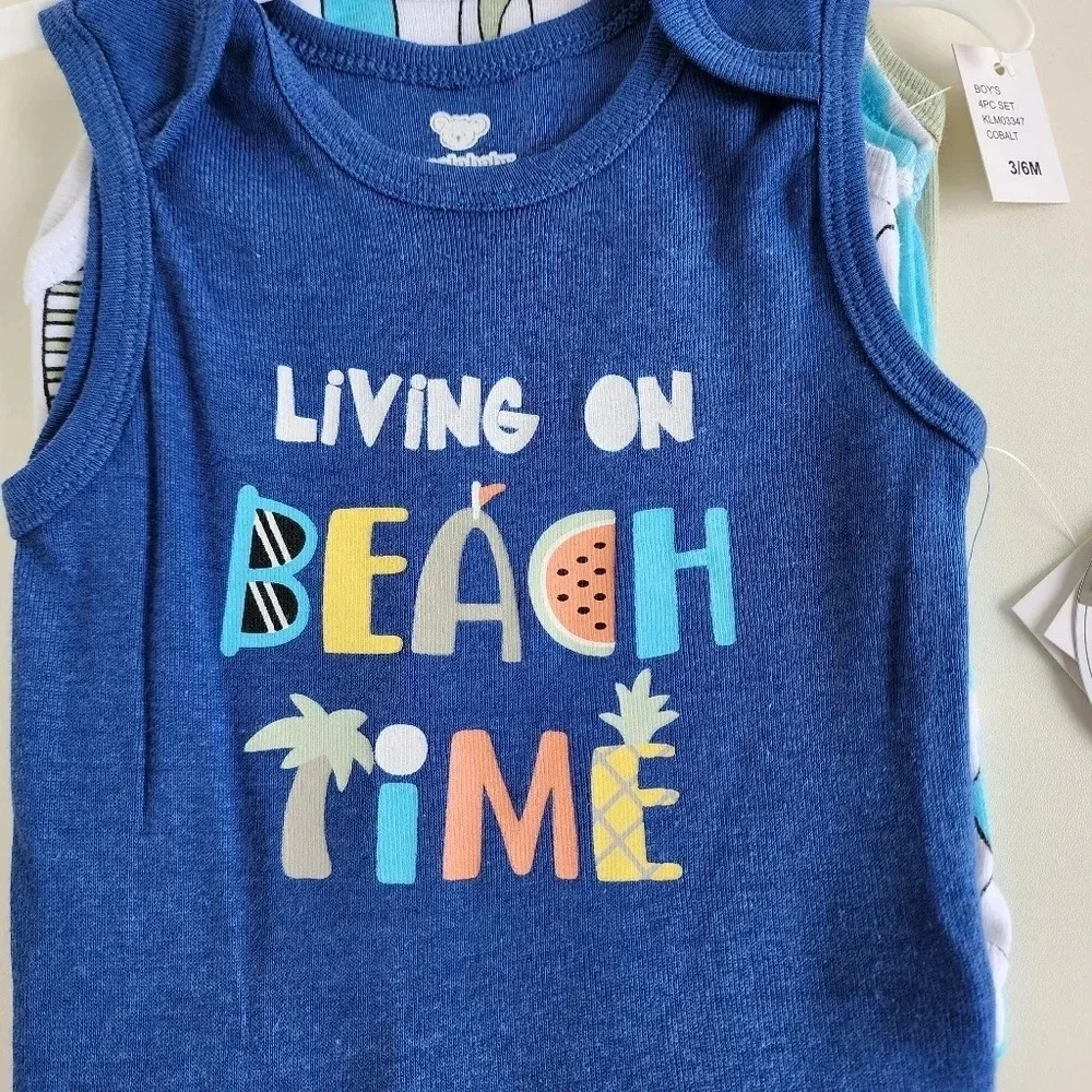 NWT Pack of 4 KOALA BABY Baby Boys NB Sleeveless Bodysuits Living On Beach Time